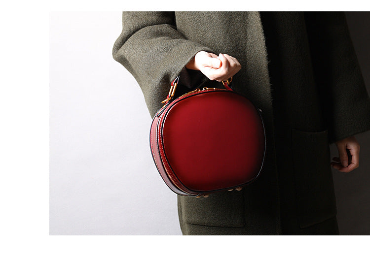 Brown Leather Messenger Bag Round Crossbody Office Purse