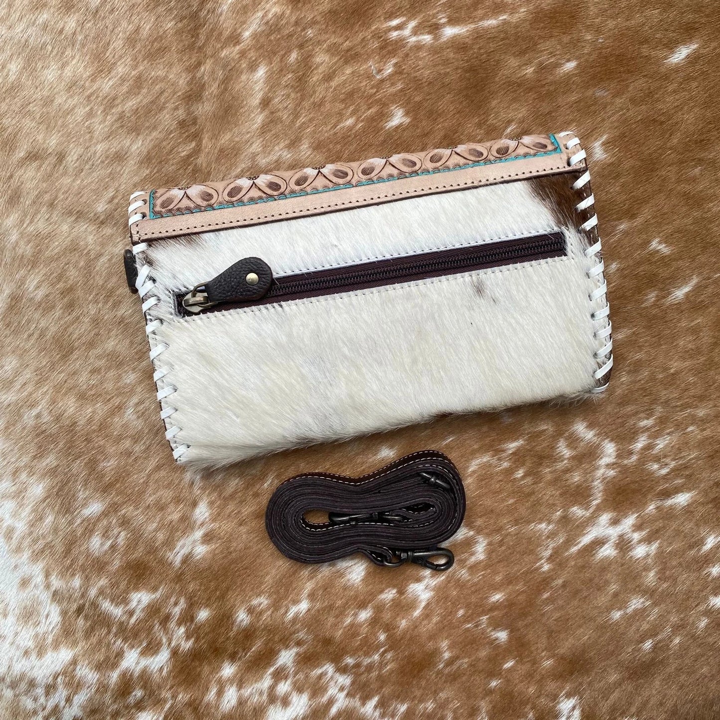 Genuine Cowhide Fur Tooled Leather Crossbody Clutch