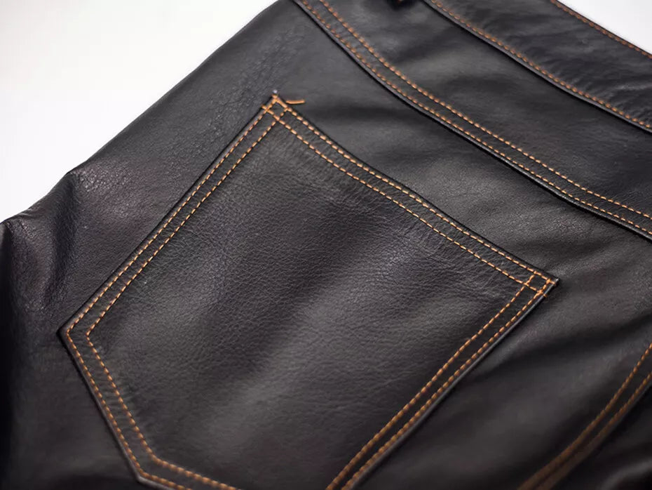 Dark Brown Mens Real Leather Pants Slim Fit