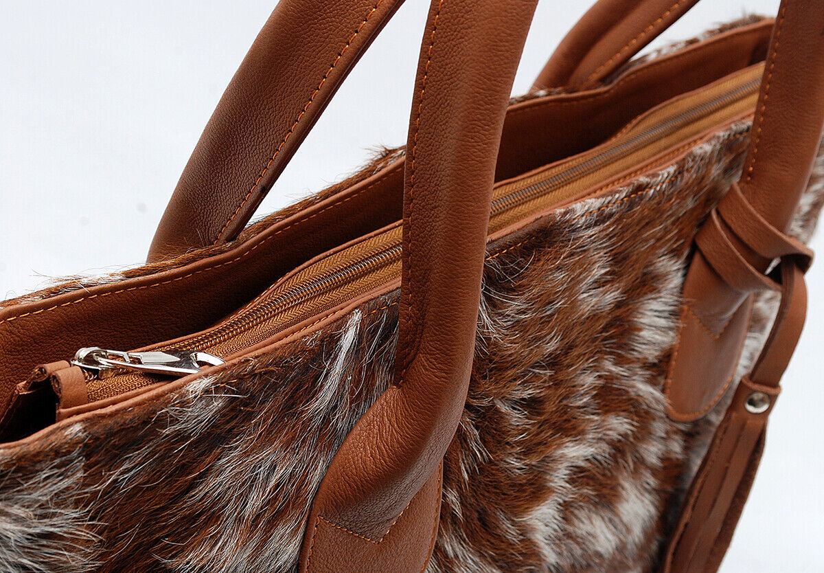 Large Brown White Cow Fur Shoulder Purse
