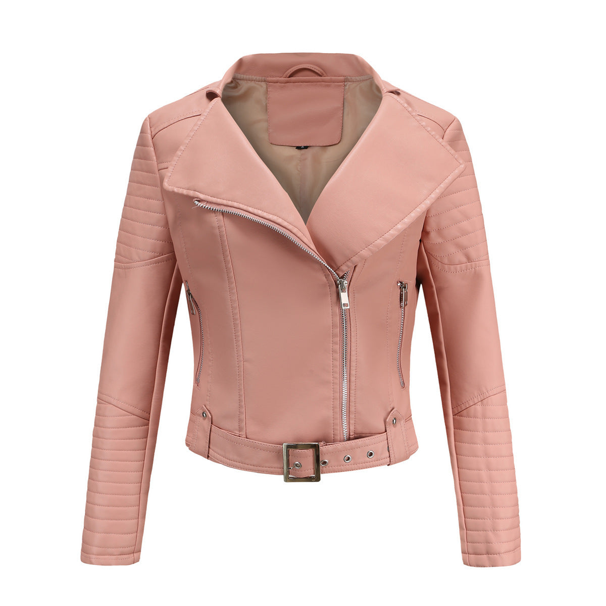 Women’s Faux Leather Motorcycle Jacket with Belt