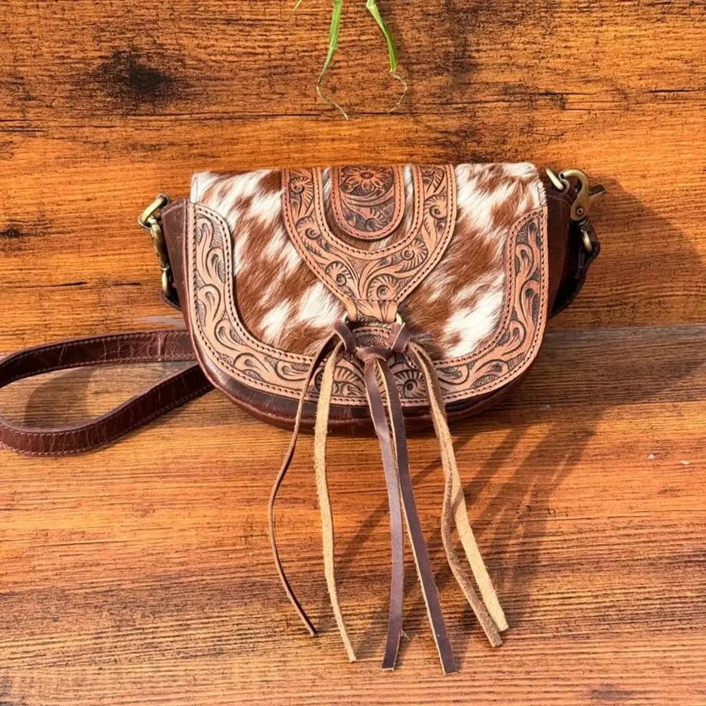 Cowhide crossbody bag tooled leather Brown White
