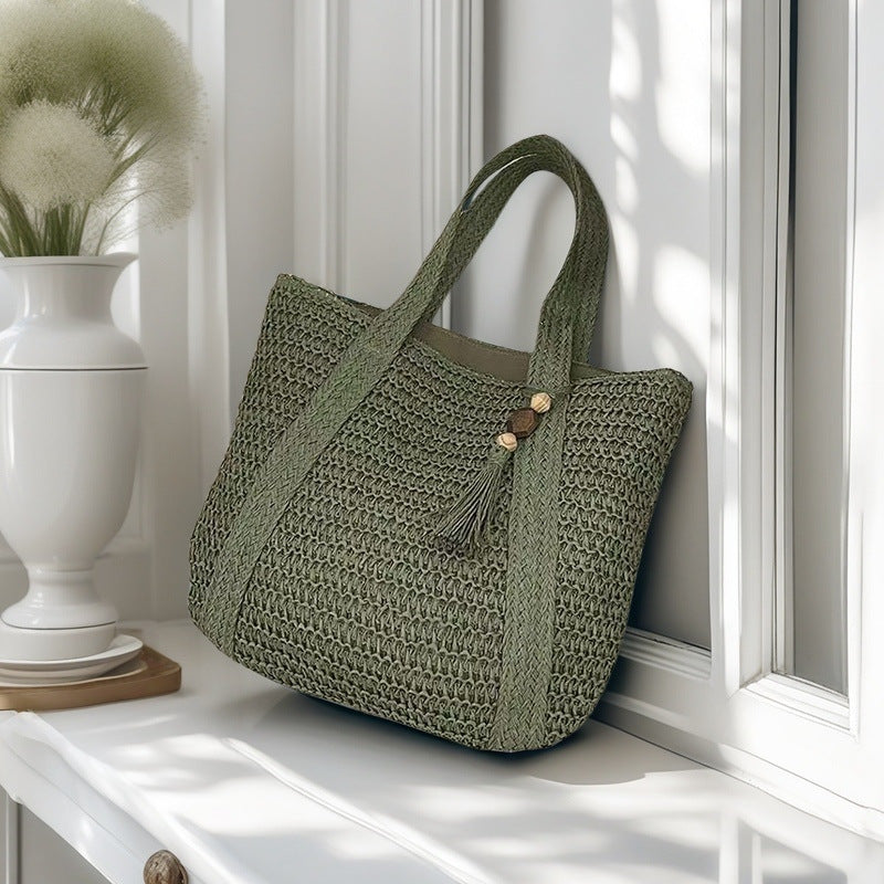 Beach Straw Tote Handbag for Women with Tassel Charm