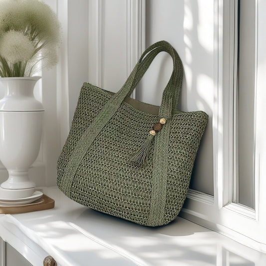 Beach Straw Tote Handbag for Women with Tassel Charm