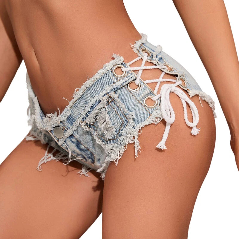 Low Waist Lace-Up Distressed Mini Jean Women