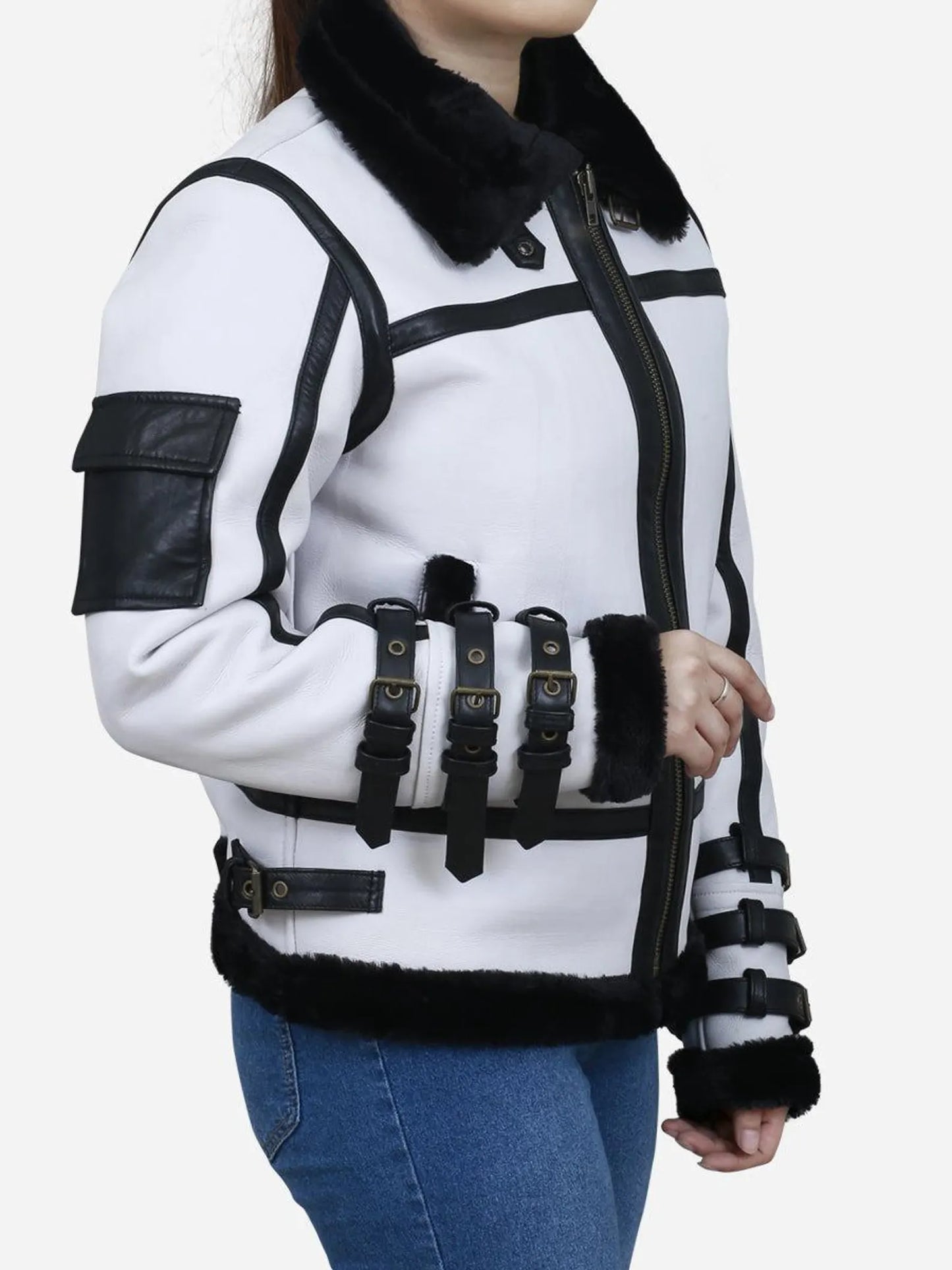 Women Aviator Shearling Leather Jacket Black White