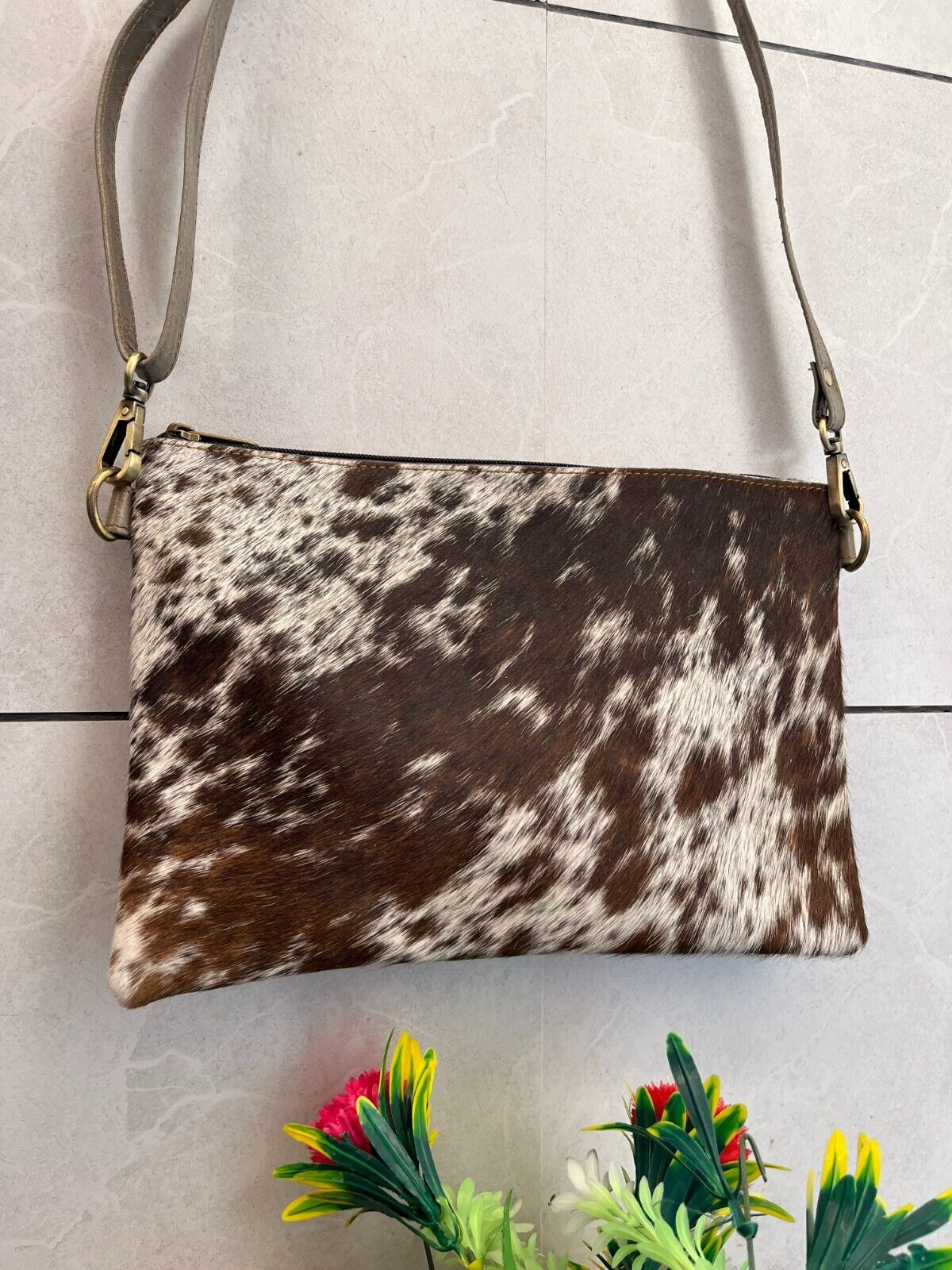 Speckled Brown White Cowhide Crossbody Bag