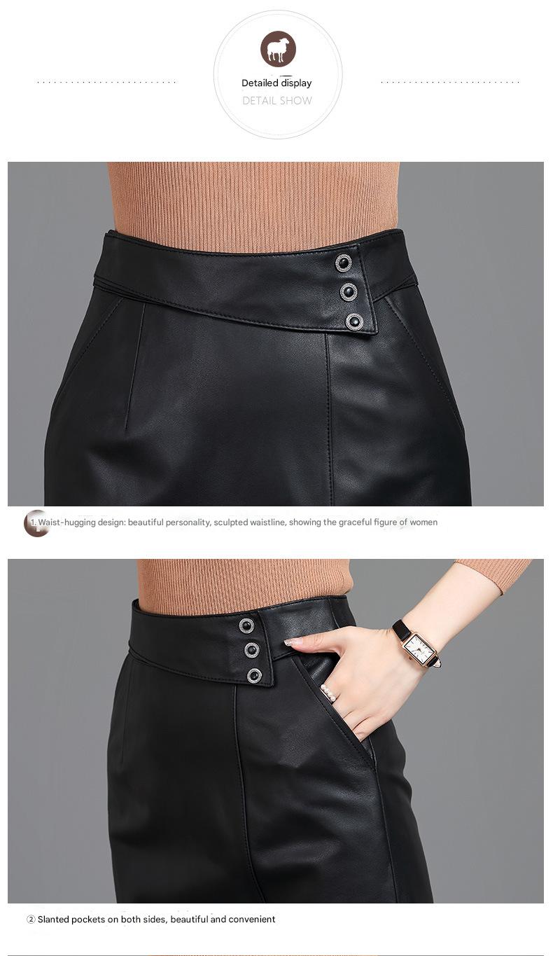 Women Leather Skirt High Waist Mid-Length with Back Slit