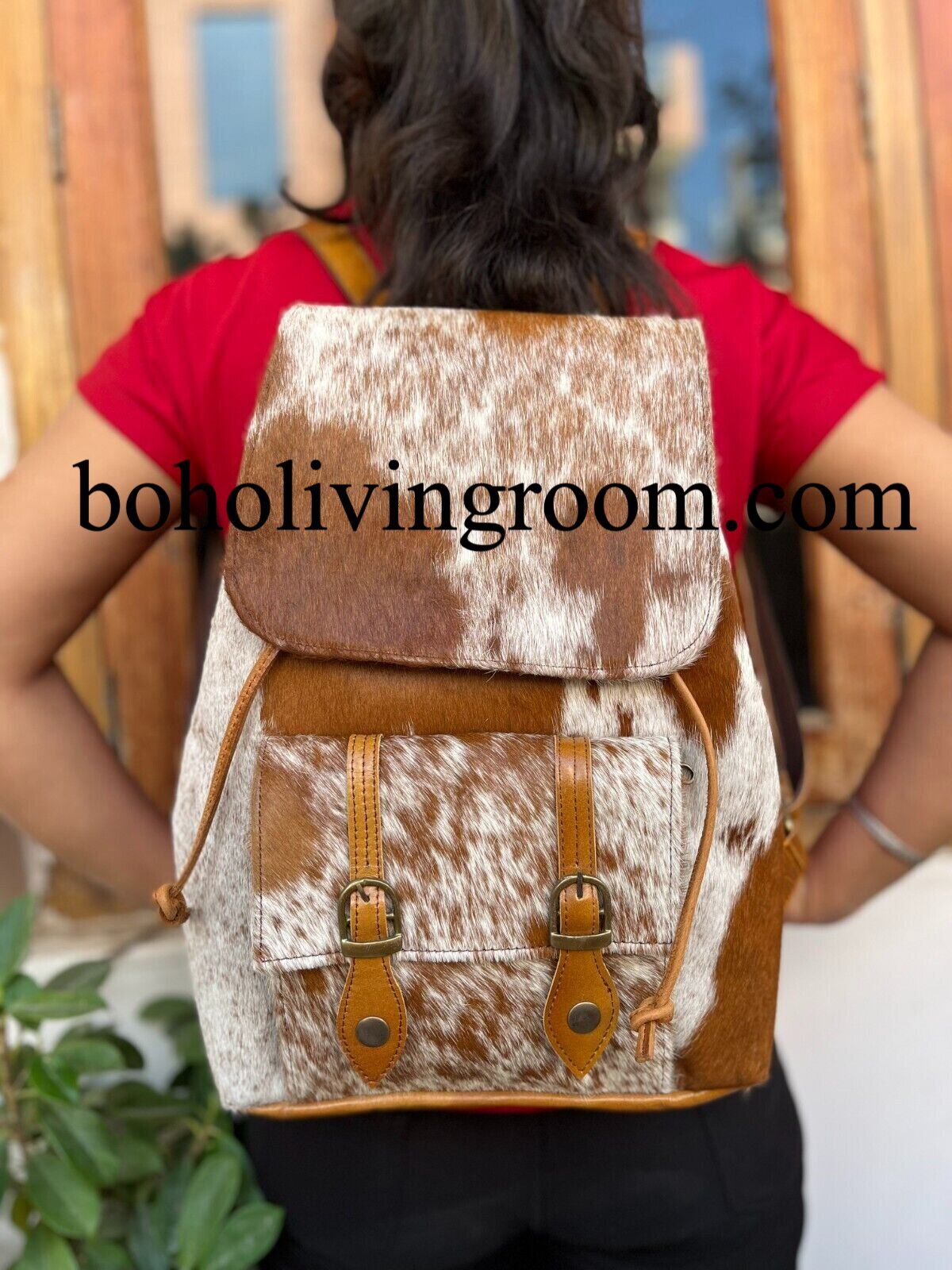 Real Cowhide Leather Backpack Brown White