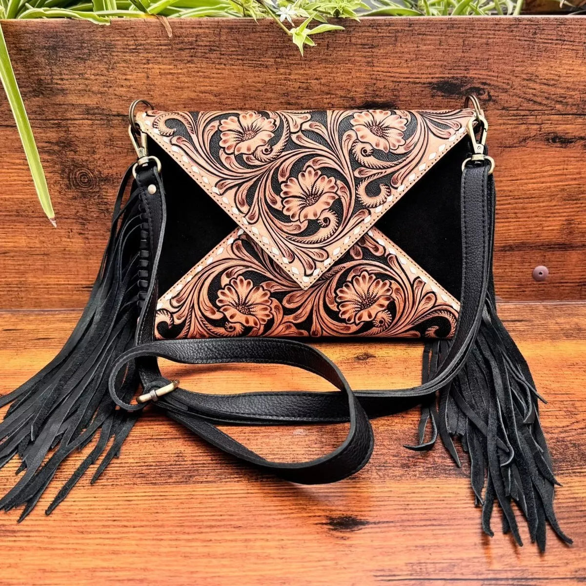 Western Tooled Leather Crossbody Purse with Fringes