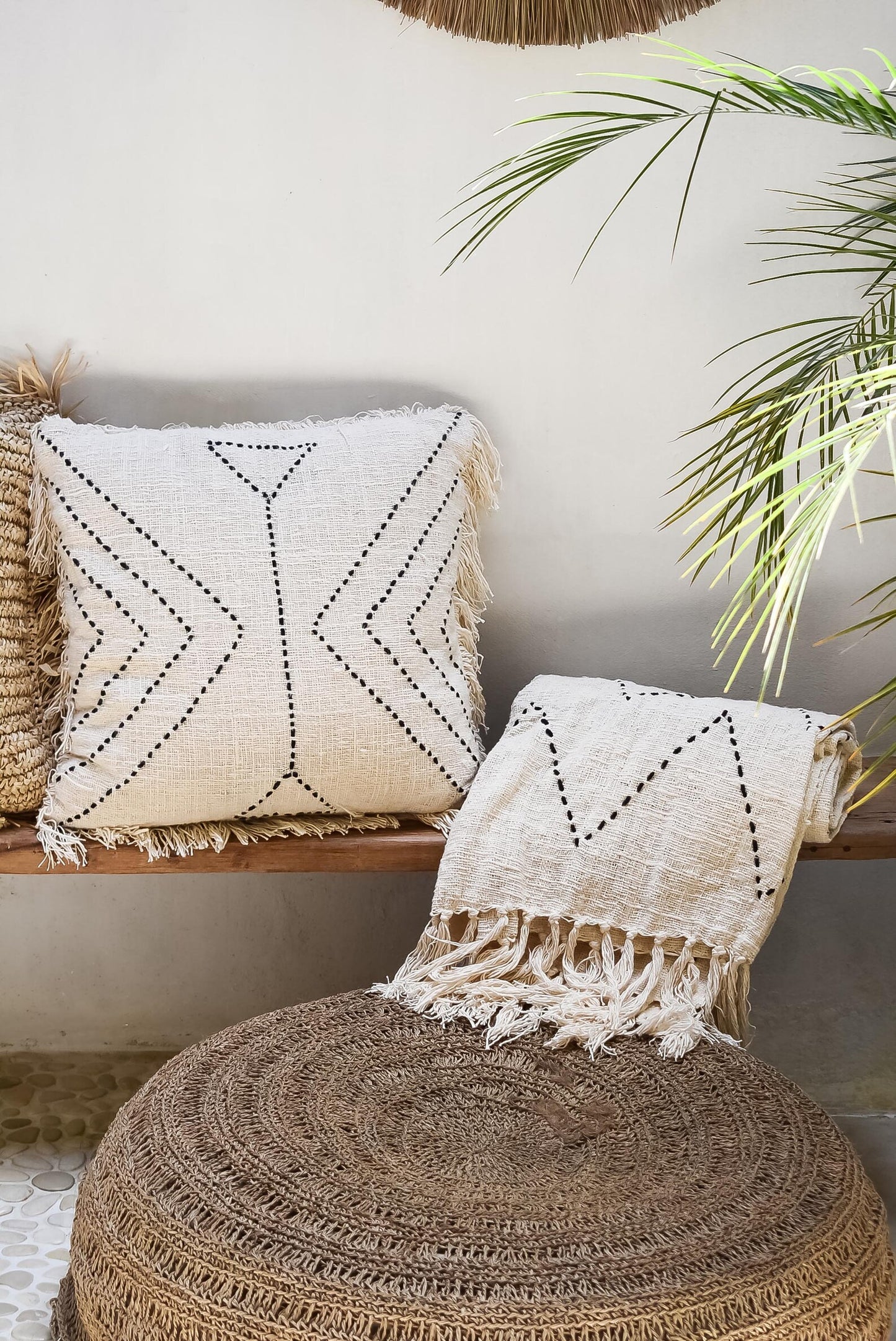 Set of cotton pillow cover and throw blanket runner