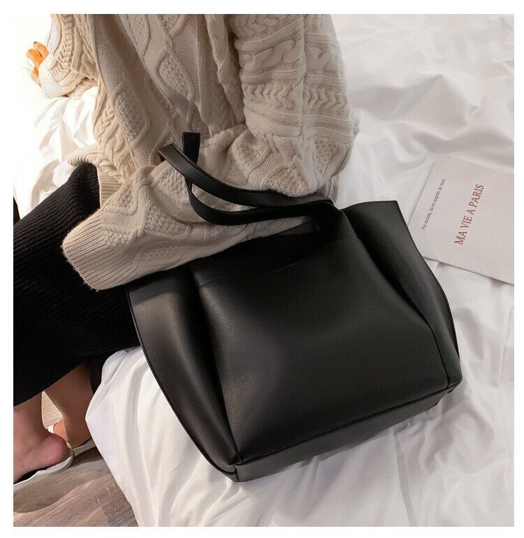 Versatile genuine black leather tote bag
