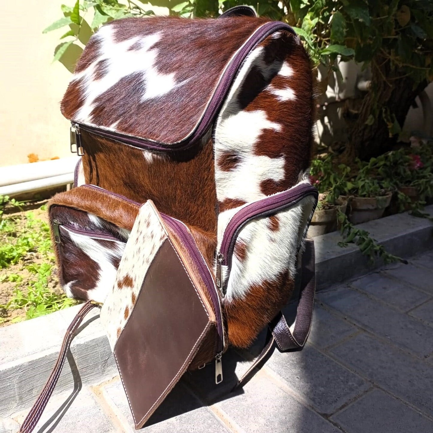 Tricolor Cowhide Backpack With Pouch