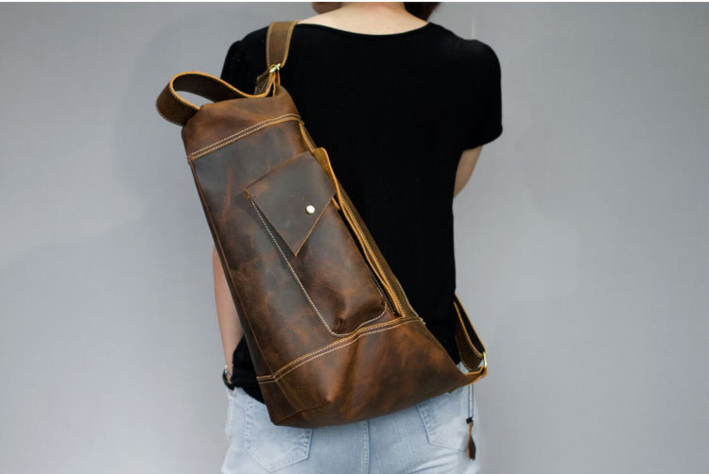 Brown Real Leather Backpack Bag Sling Style
