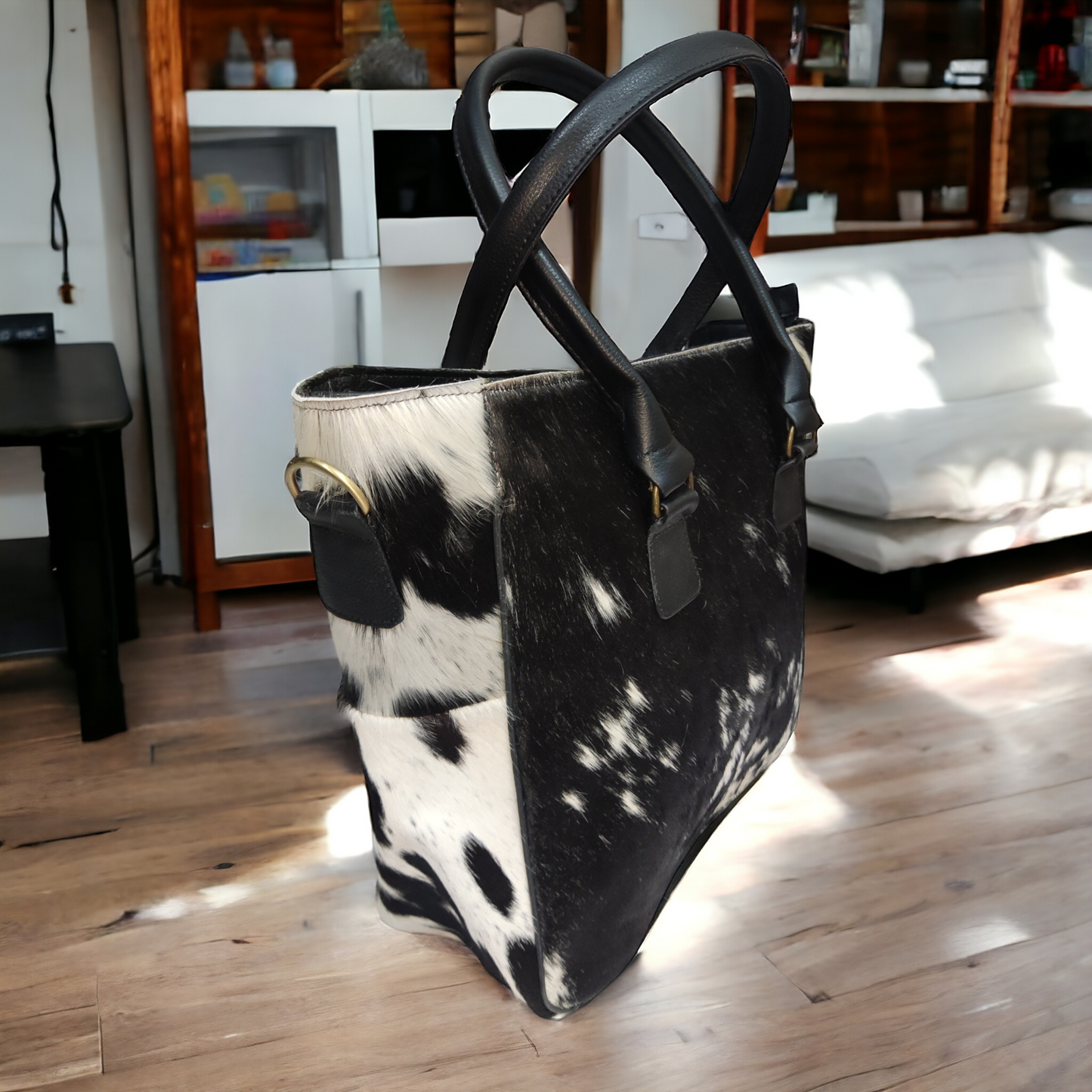 Cowhide Shoulder Purse Black White