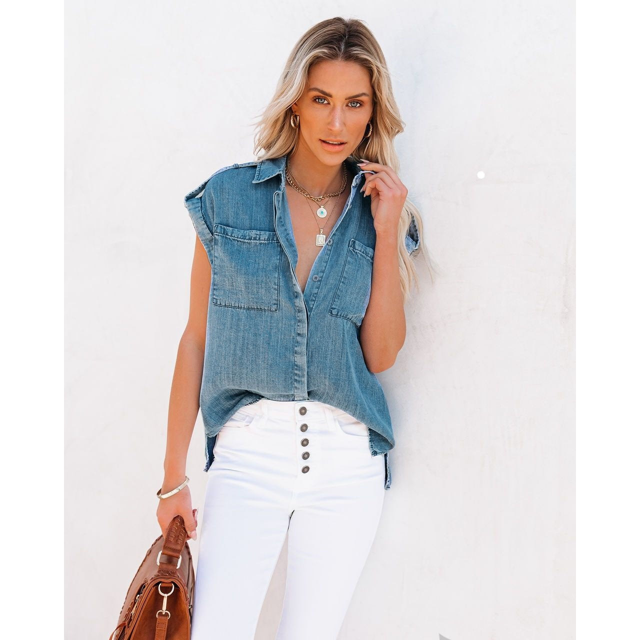 Women’s Cap Short Sleeve Denim Shirt