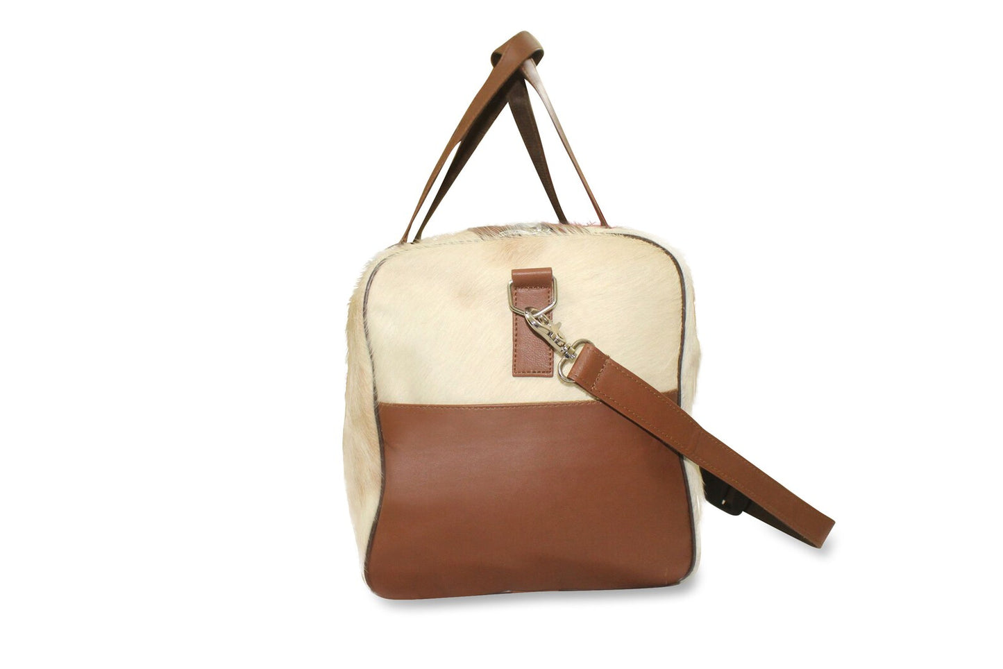 Elevate your travels with a cowhide weekend bag.