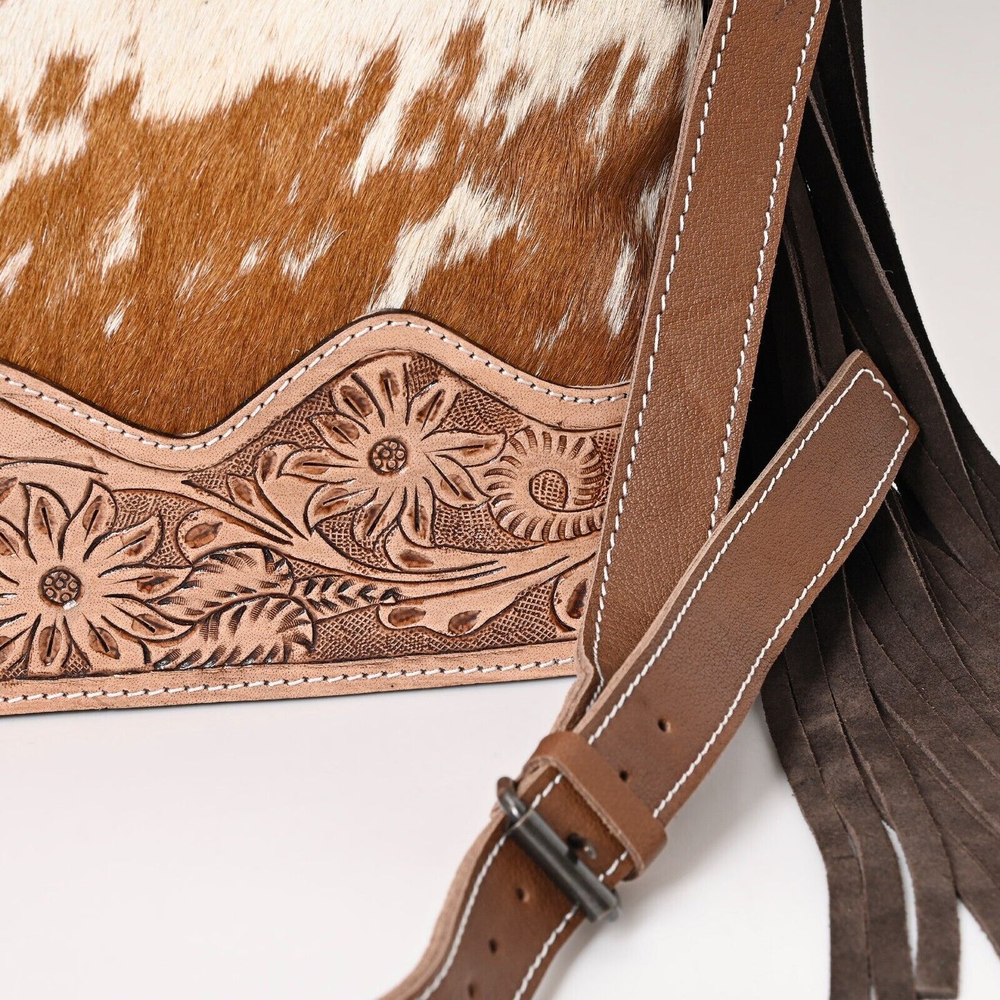 Brown White Cowhide Tooled Leather Purse