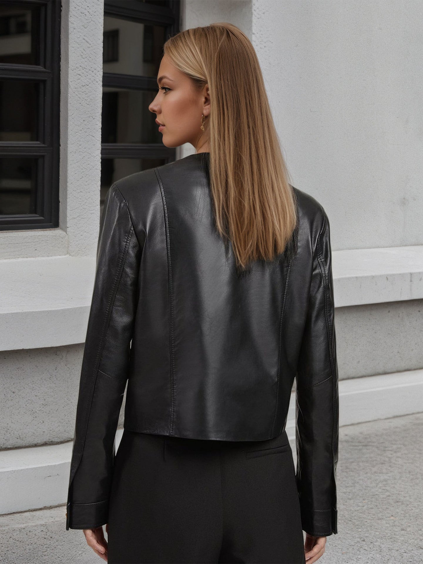 Cropped Faux Leather Jacket with Gold Buttons for Women