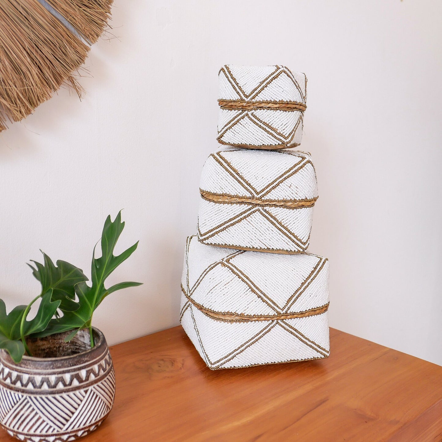 Hand woven bamboo beaded box set