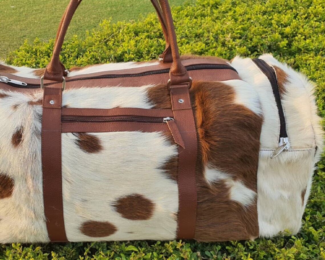 Cowhide Duffel Travel Bag Brown White