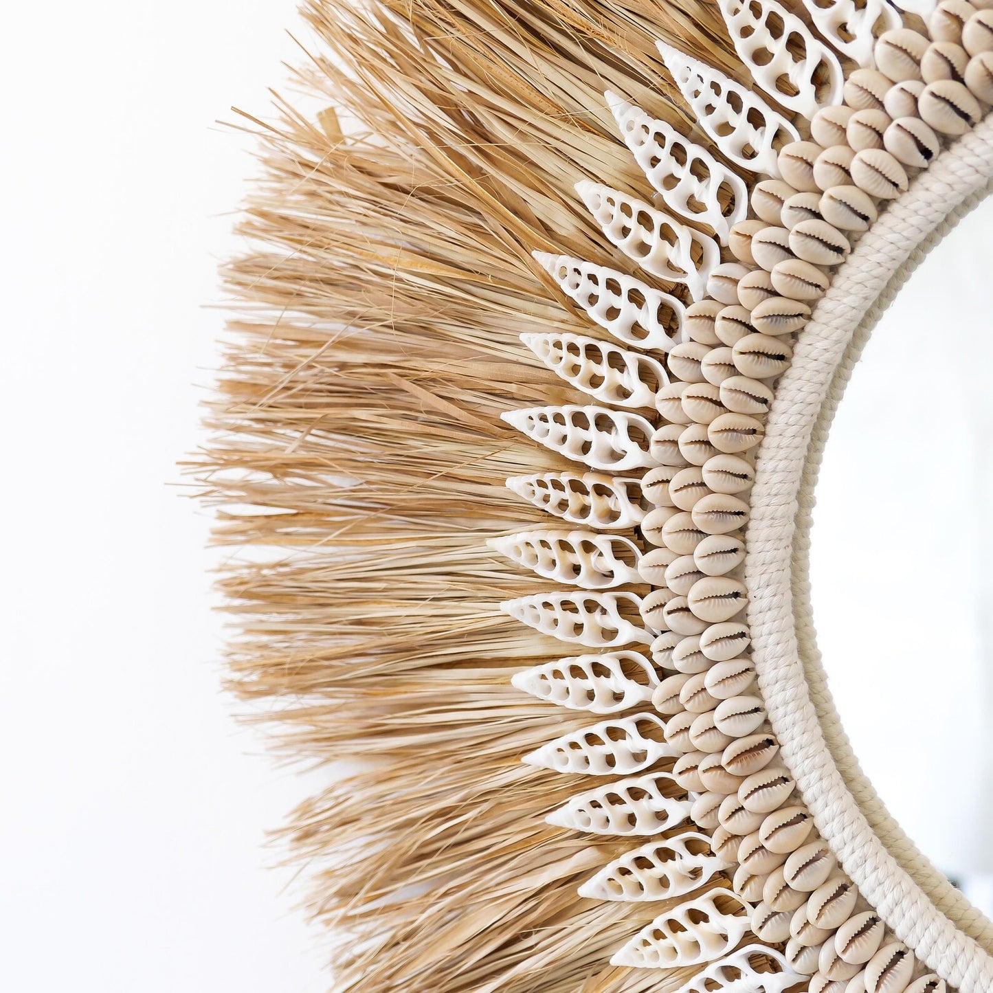 Boho Style Natural Raffia Sea shells Round Mirror