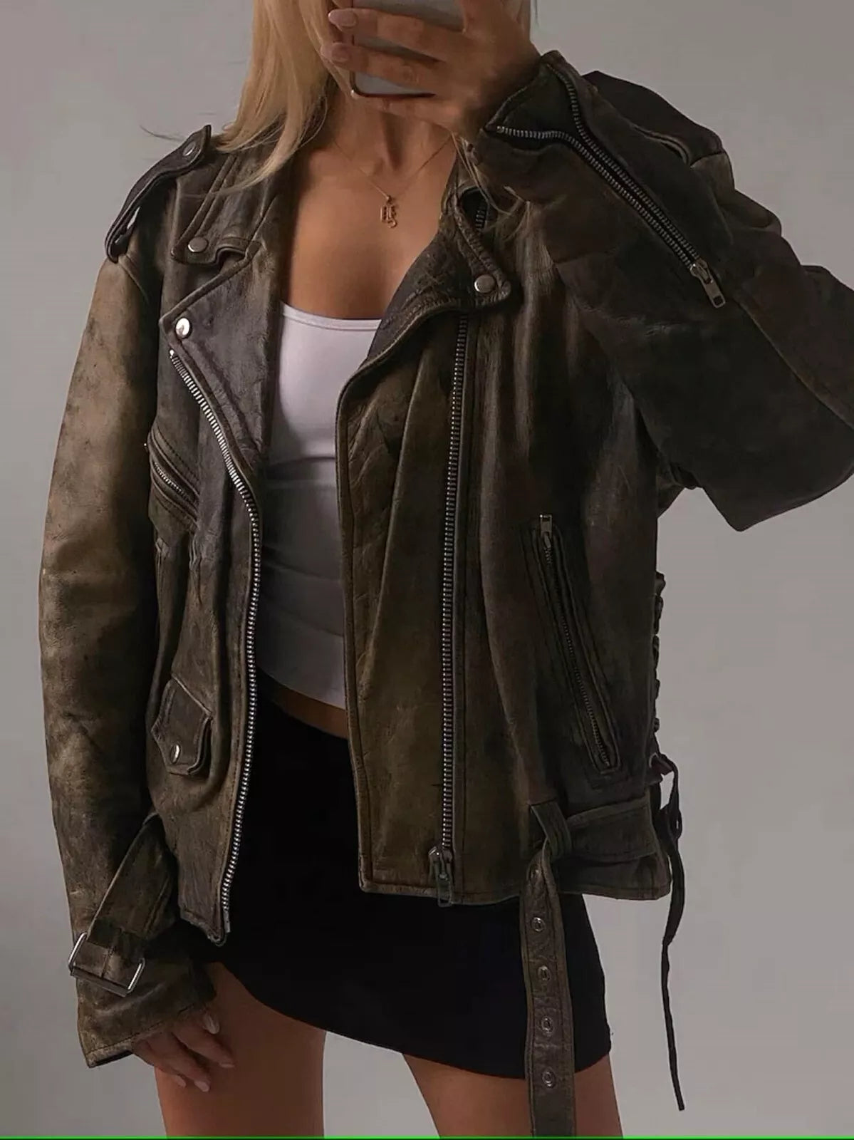 Oversized Women Leather Jacket Distressed