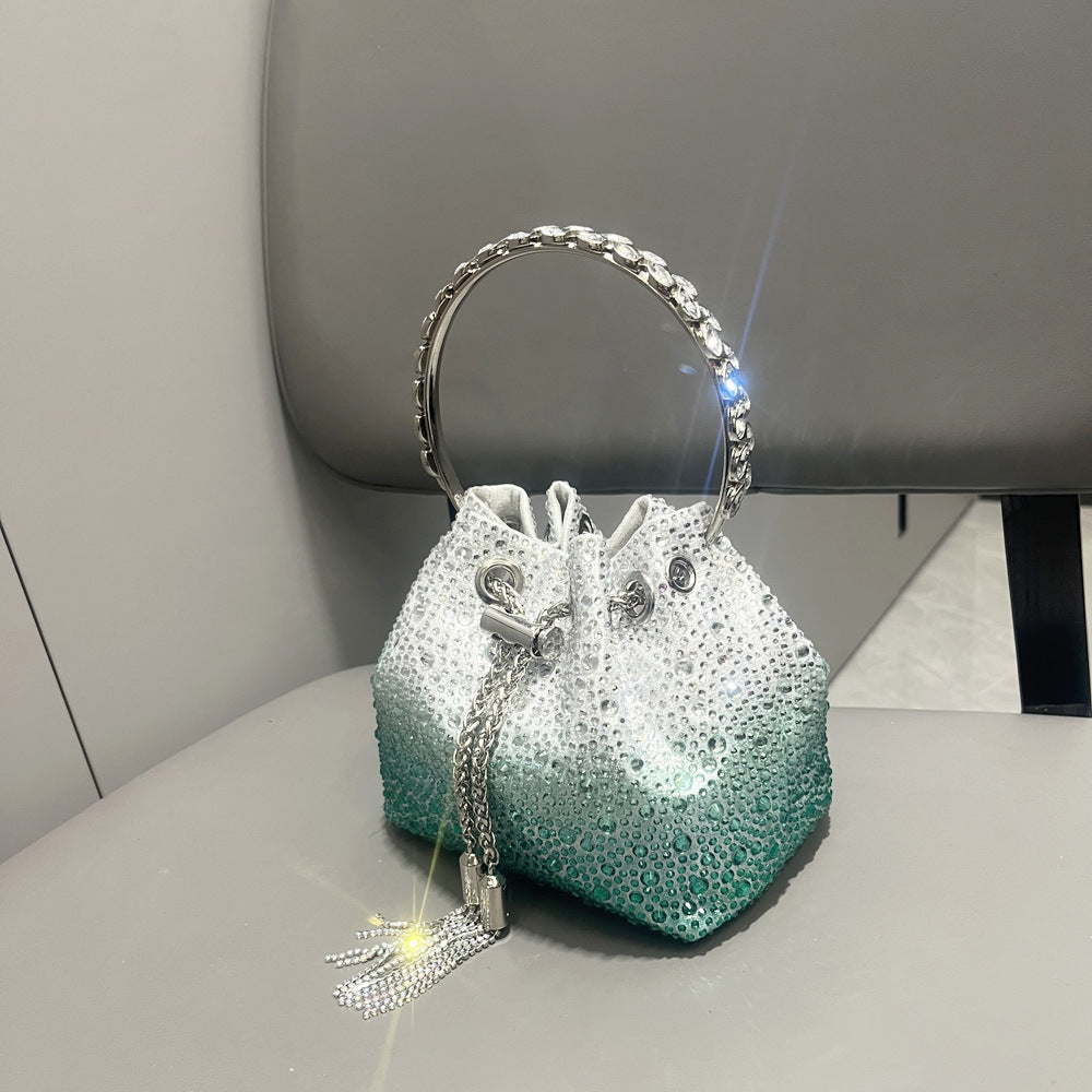 Rhinestone Mini Bucket Bag with Tassel Chain