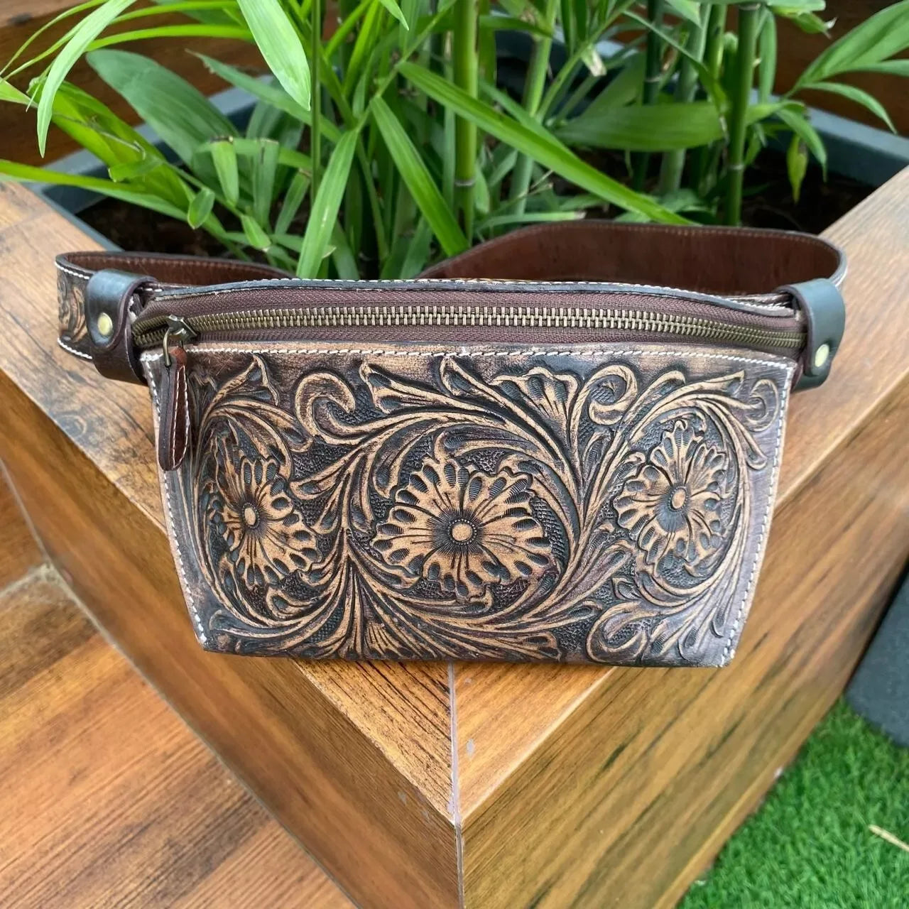 Carved Western Waist Belt Bag with Floral Engraving