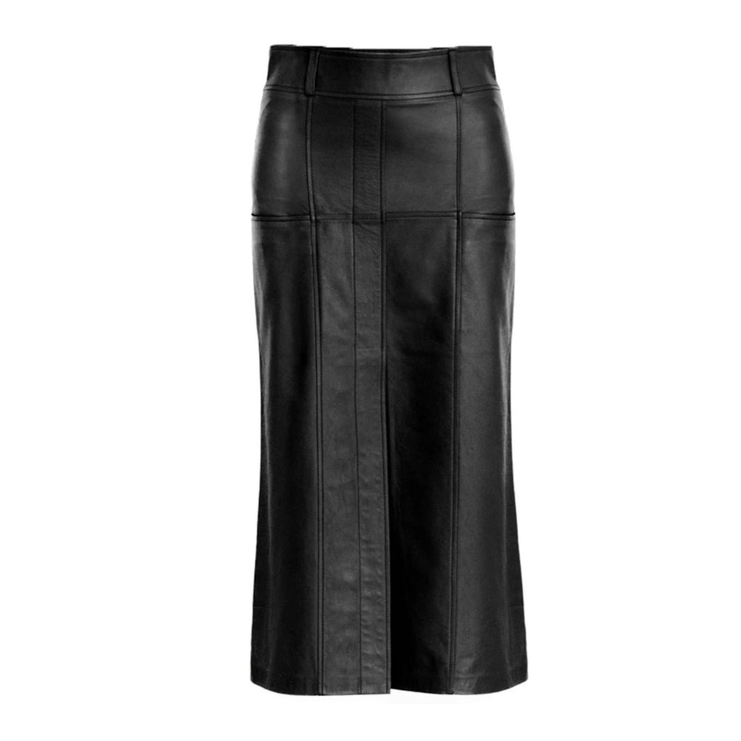Brown Genuine Leather Midi Skirt for Women with Front Slit