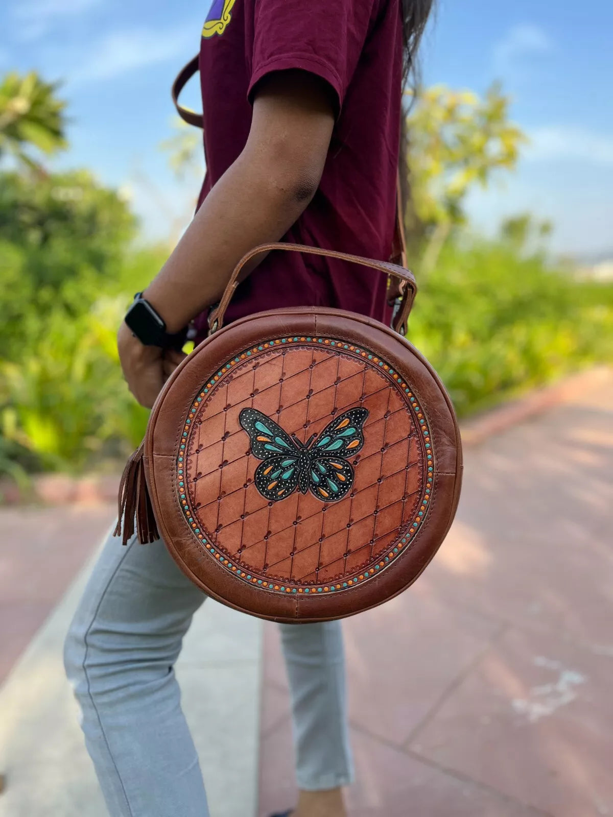 Hand Tooled Carving Leather Crossbody Bag