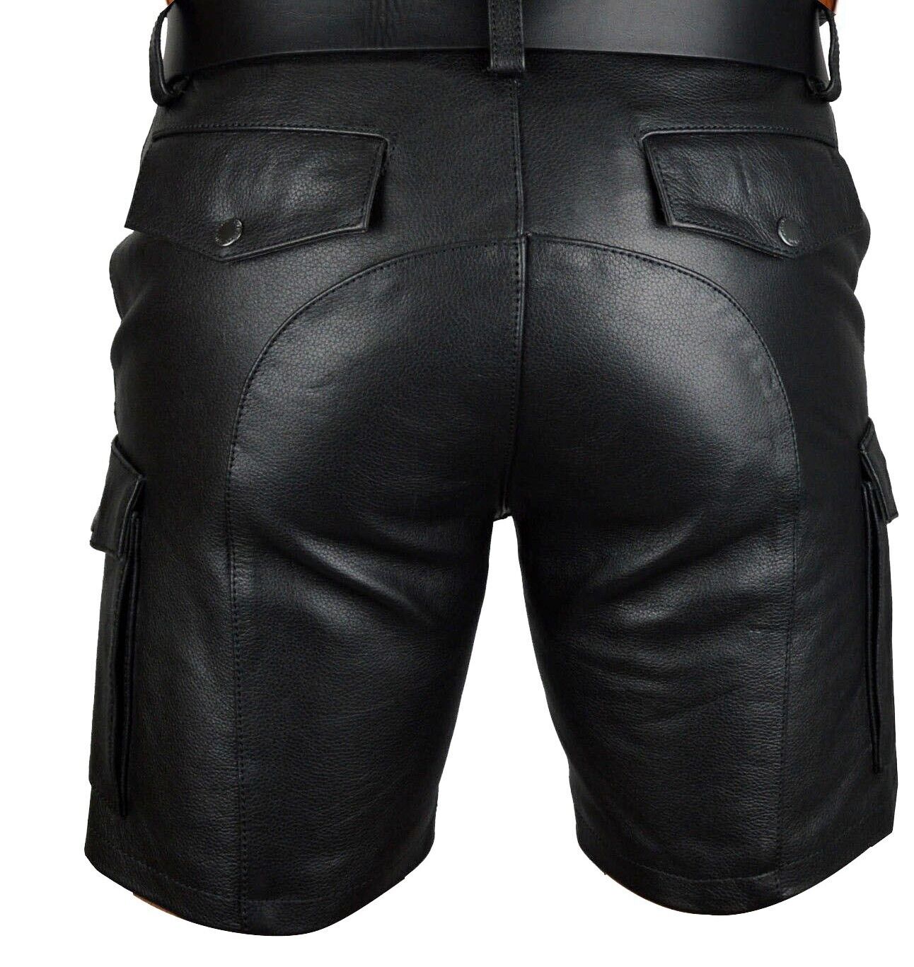 Men real cowhide leather cargo shorts