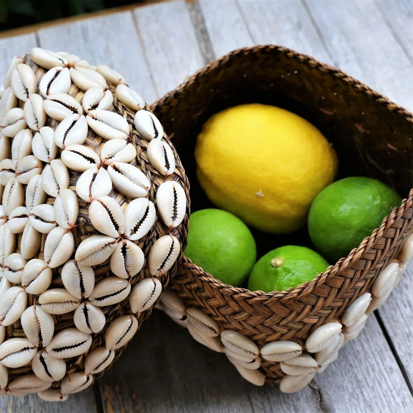 Balinese Cowrie Shell Basket Set Decor With Woven Lid