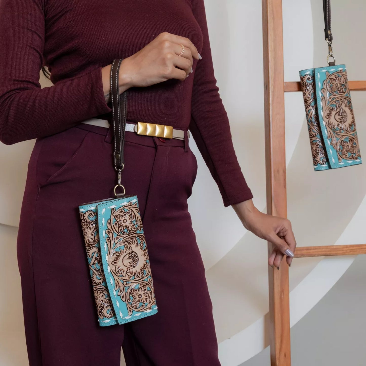 hand tooled leather clutch purse