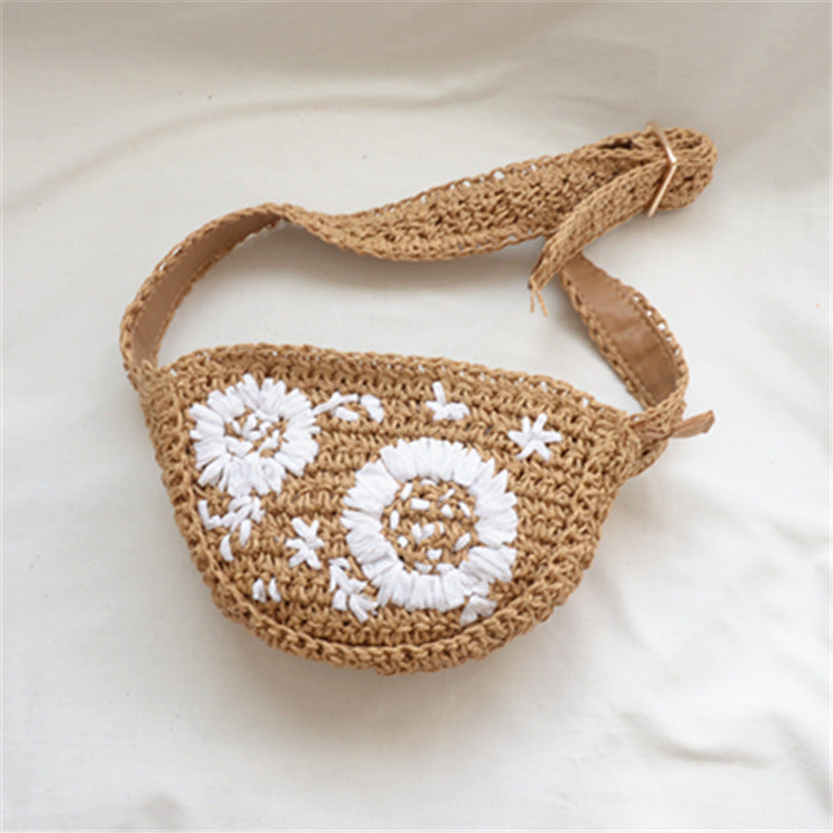 Floral stitched crochet straw bag