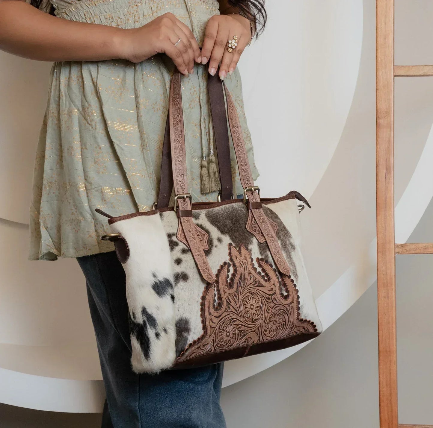 Cowhide Tote Bag Tooled Leather