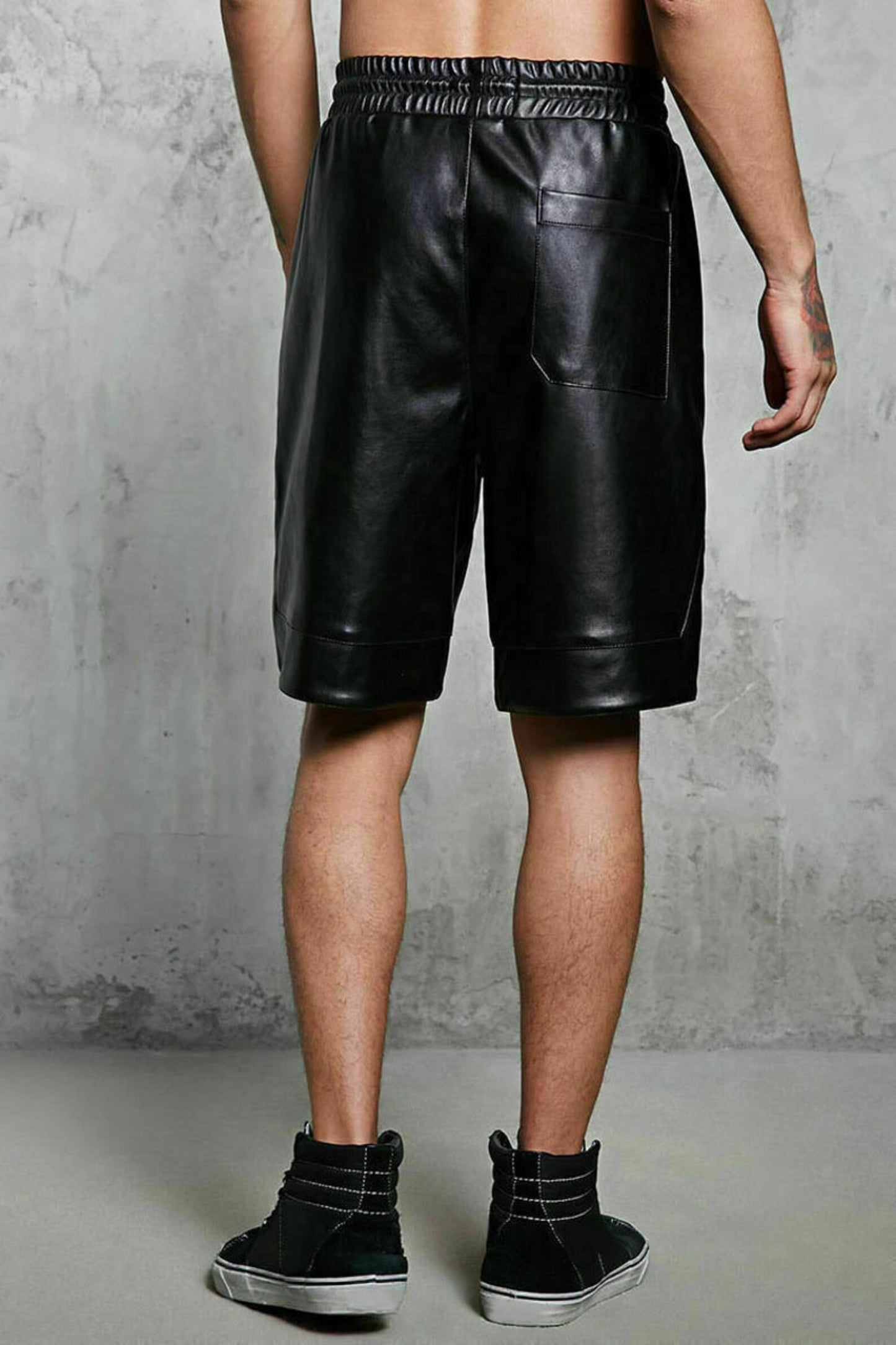 Men Black Genuine Leather Shorts with Drawstring Waist