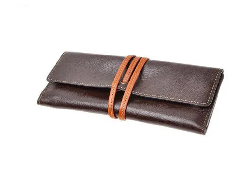 Genuine Leather Pencil Case Roll with Zipper Closure