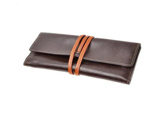 Genuine Leather Pencil Case Roll with Zipper Closure