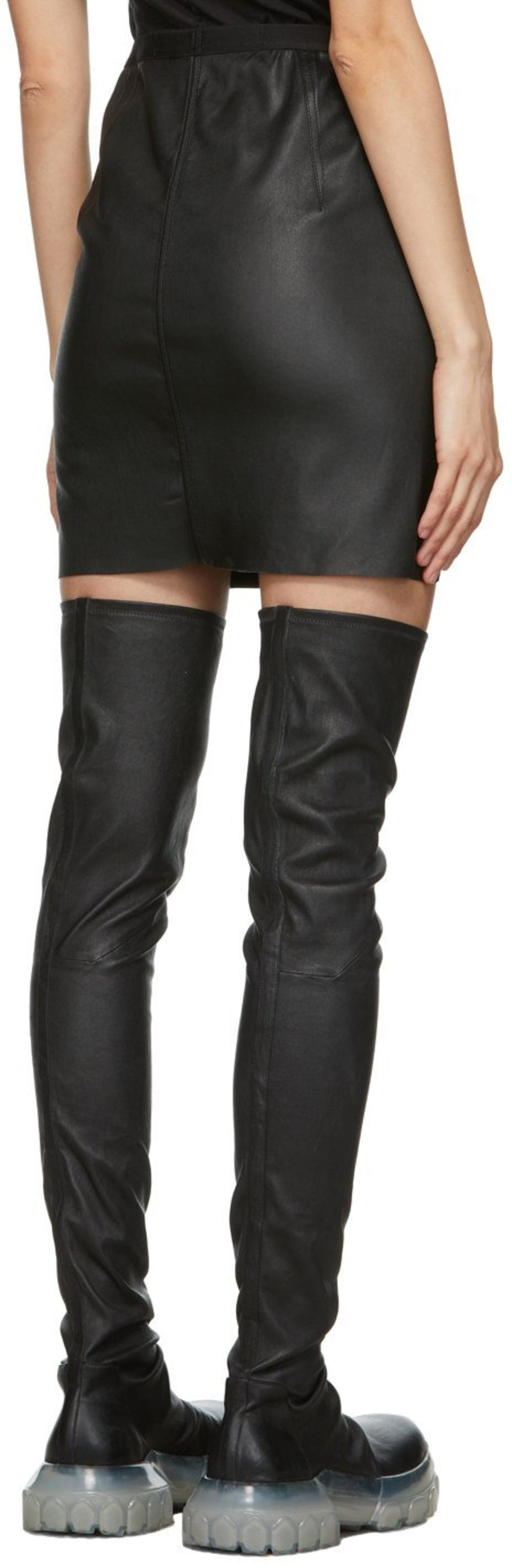 Black real leather outfit mini skirt with side slit