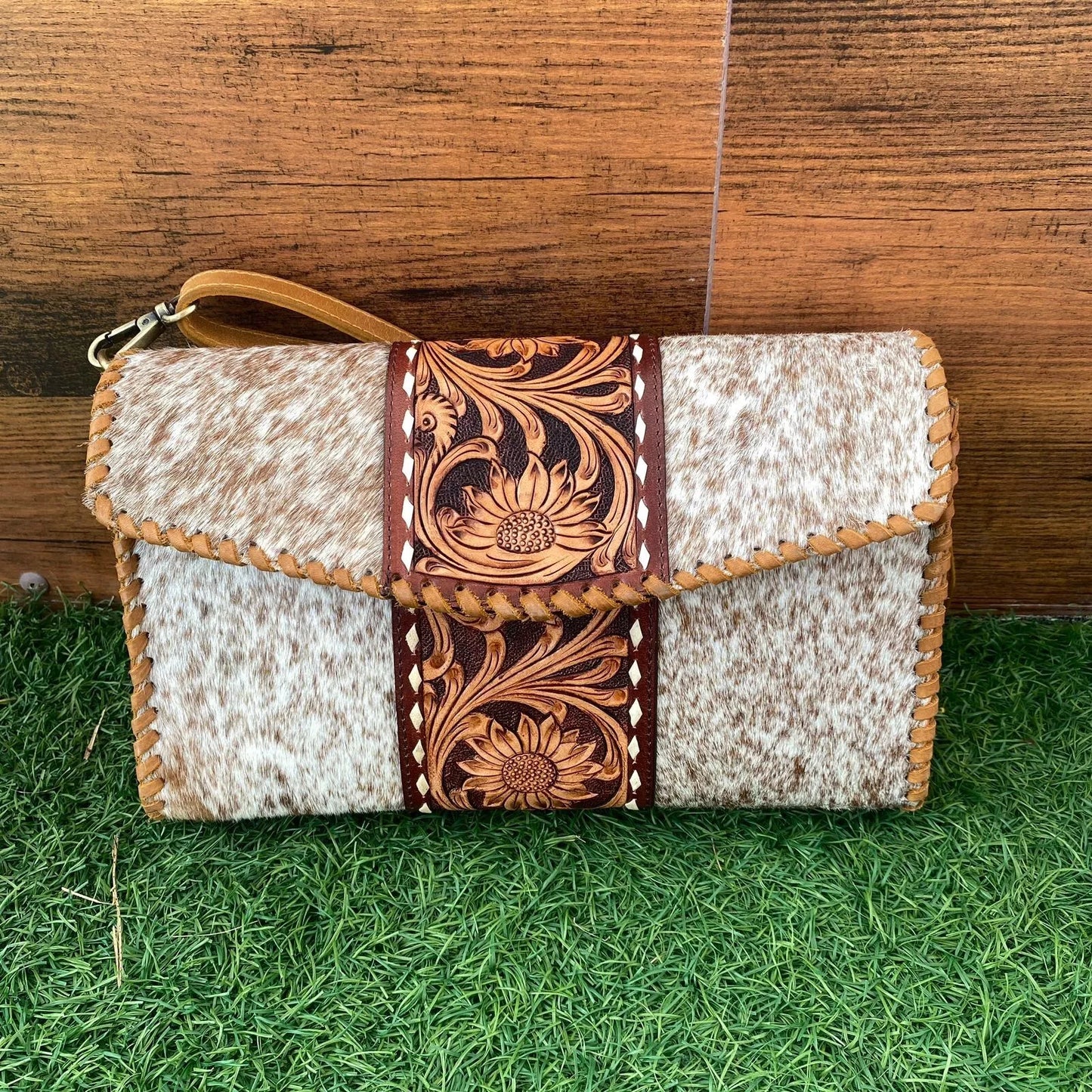 Hand tooled leather cowhide crossbody purse