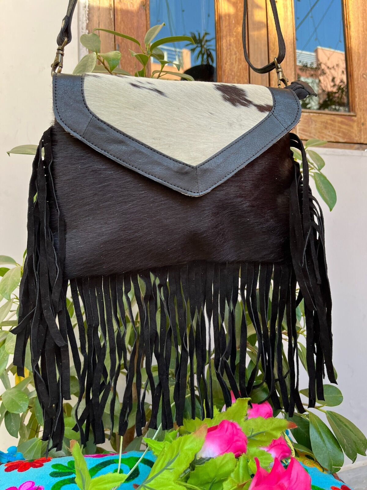 Western Cowhide Crossbody Fringe Purse Black and White