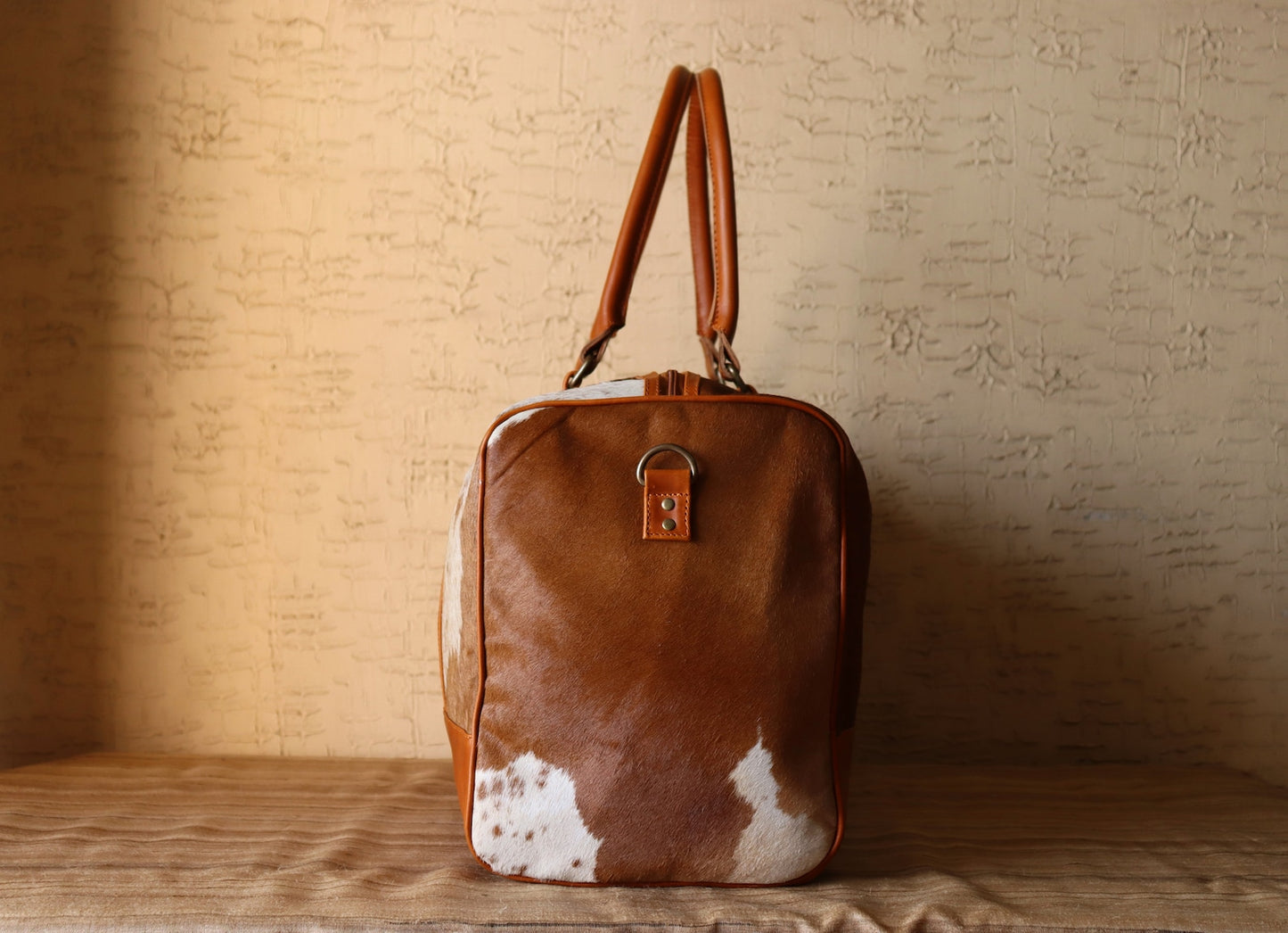 Cowhide Travel Weekender Bag Brown White