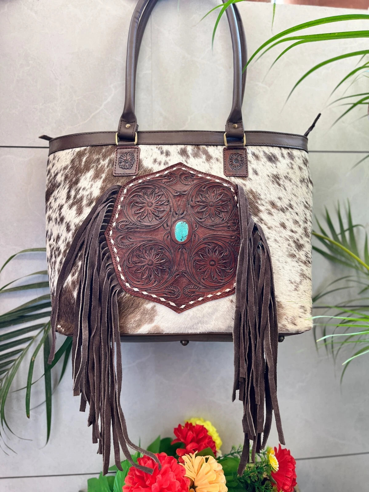 Cowhide Tooled Leather Handbag Fringe