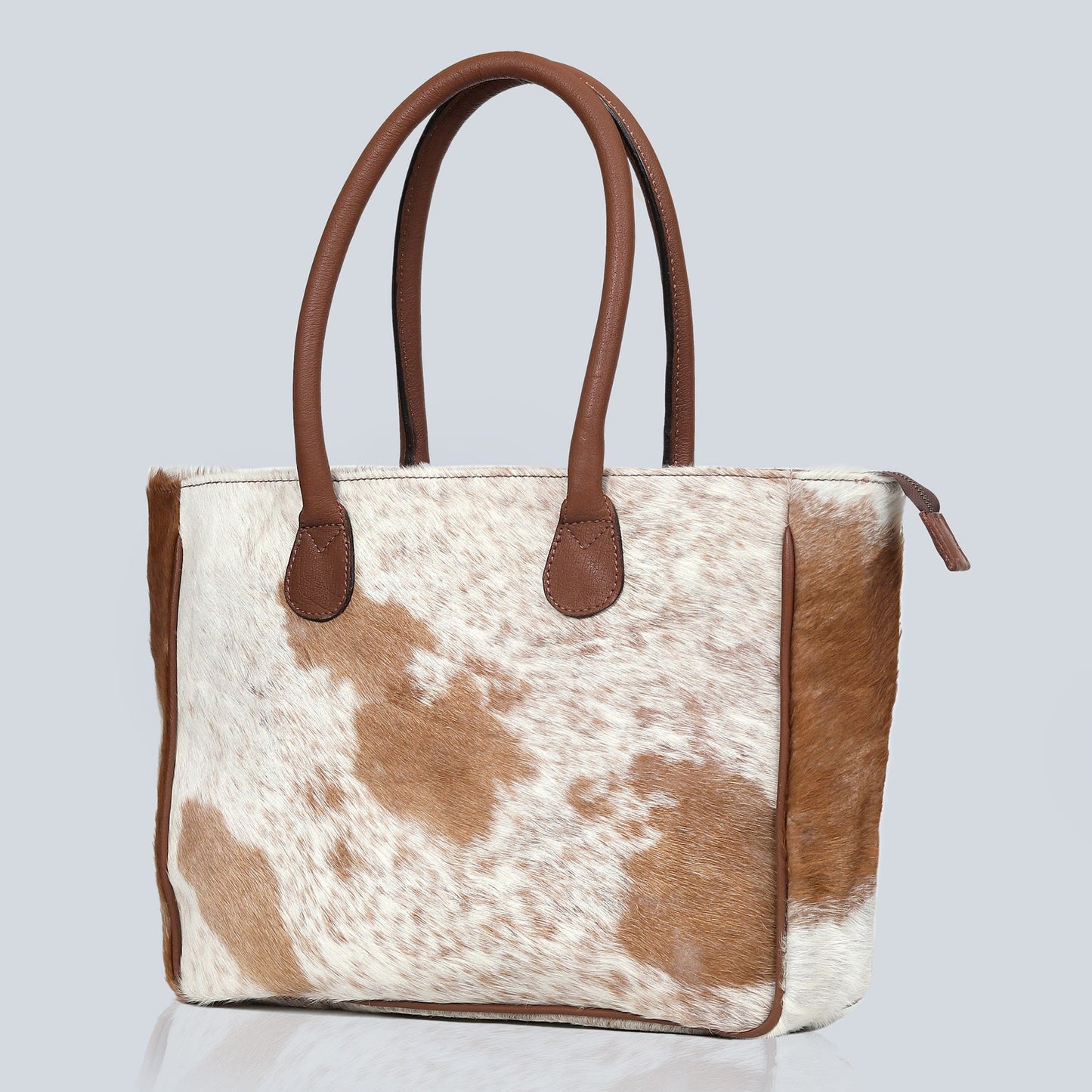 Genuine Cowhide Tote Bag Brown White