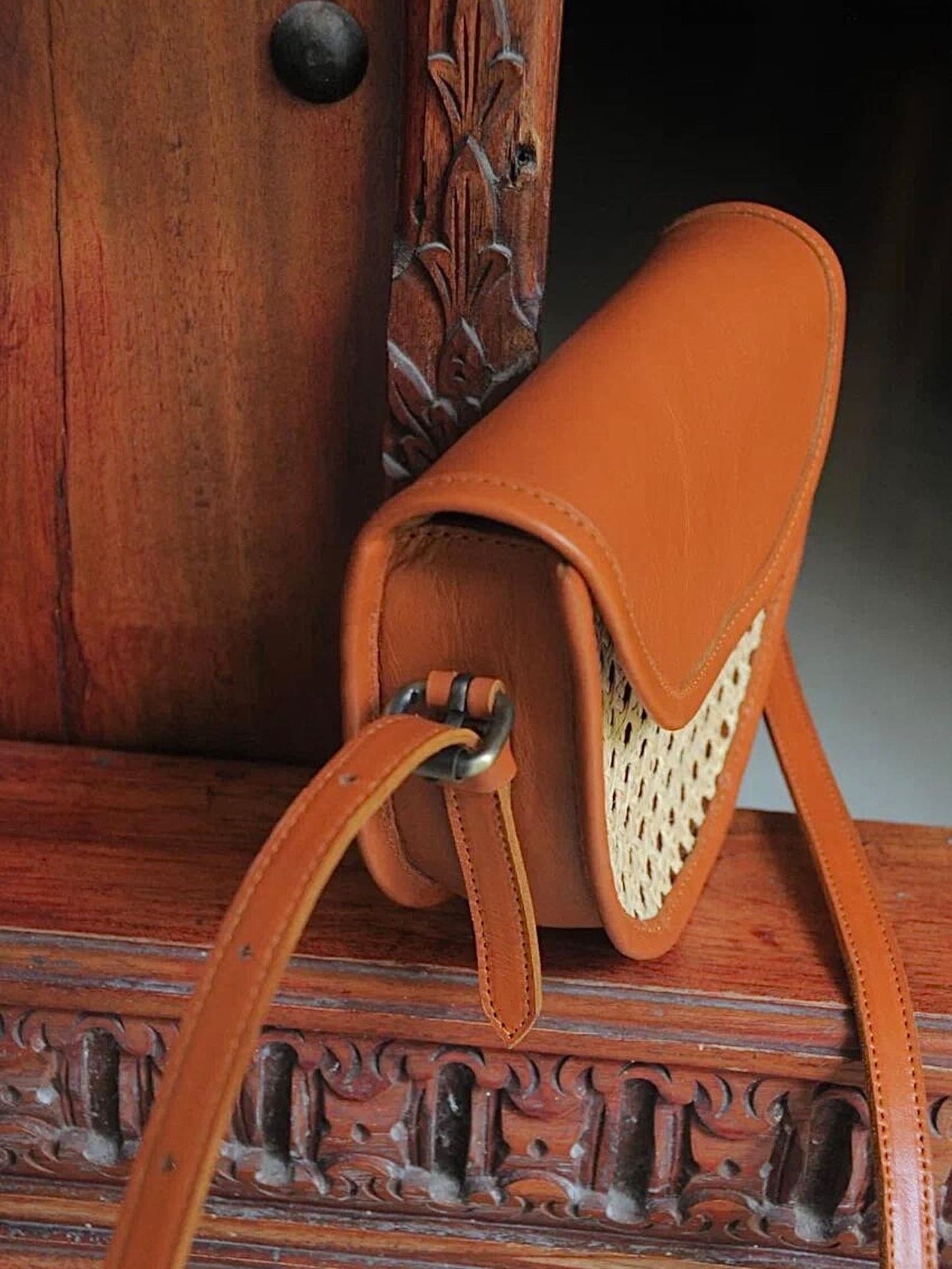 Genuine Leather Rattan Crossbody Bag