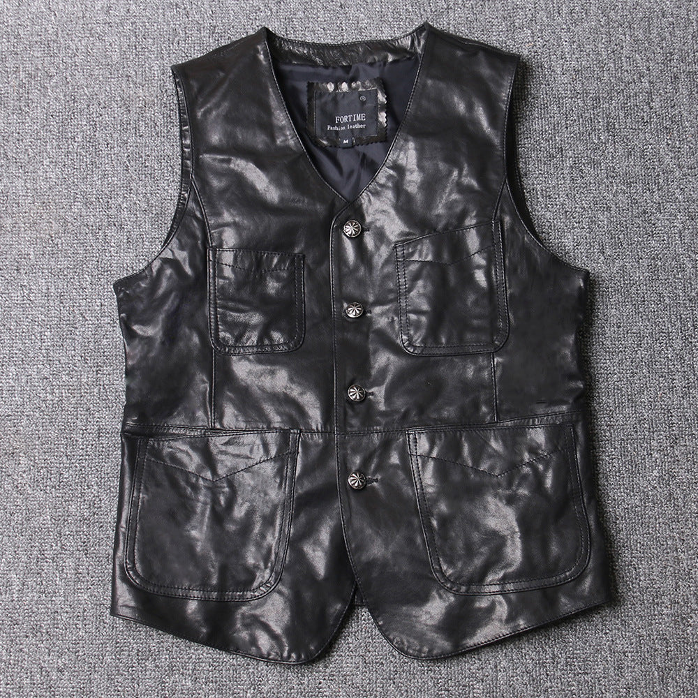 Men Leather Vest Sheepskin Black V-Neck Button Waistcoat