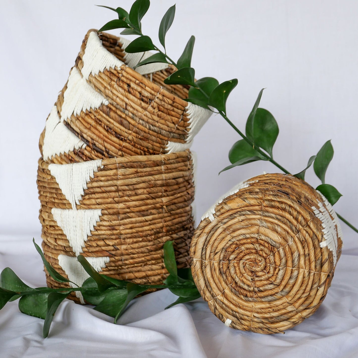 banana bark and white organic cotton macrame indoor planter