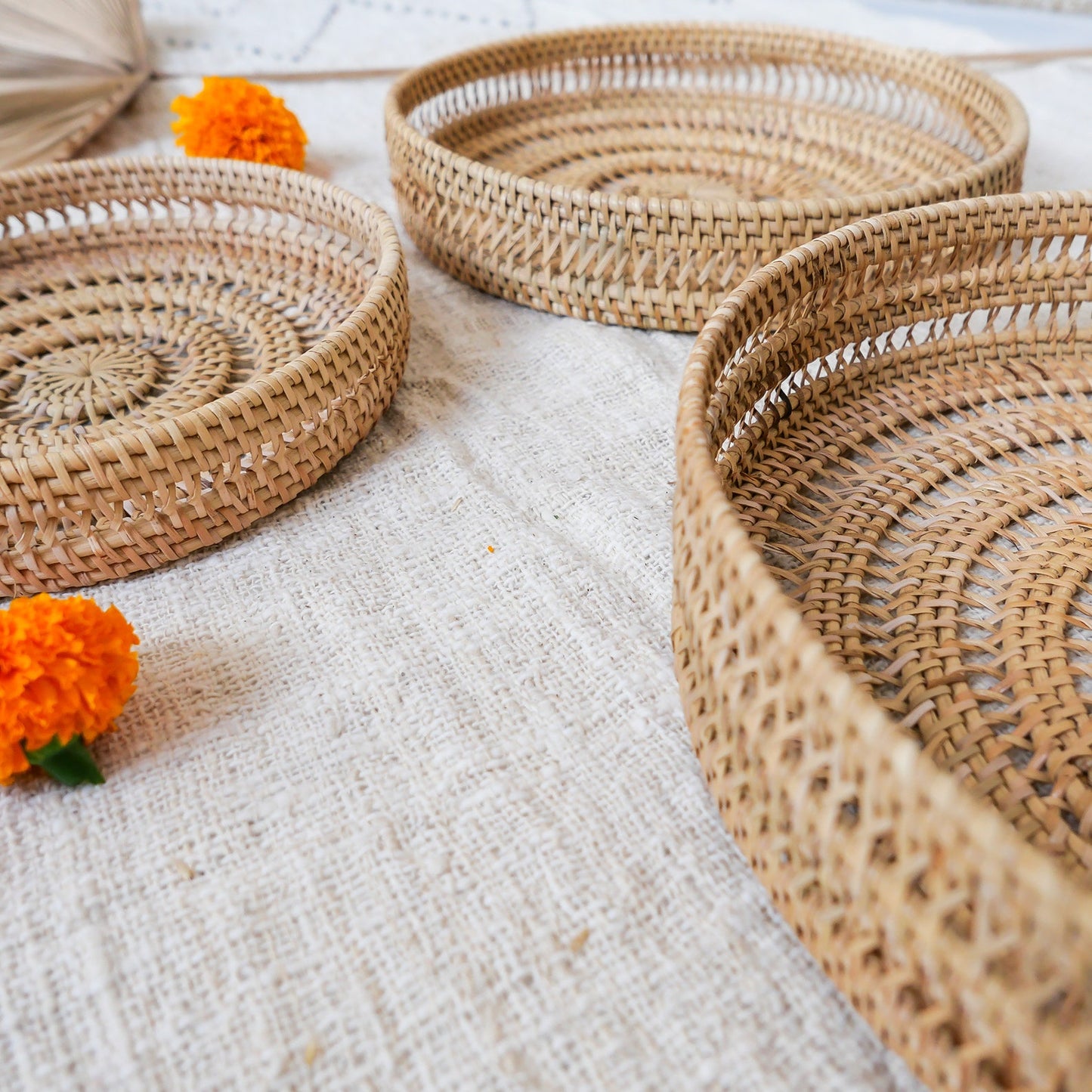 Three Round Rattan Tray Wicker Storage