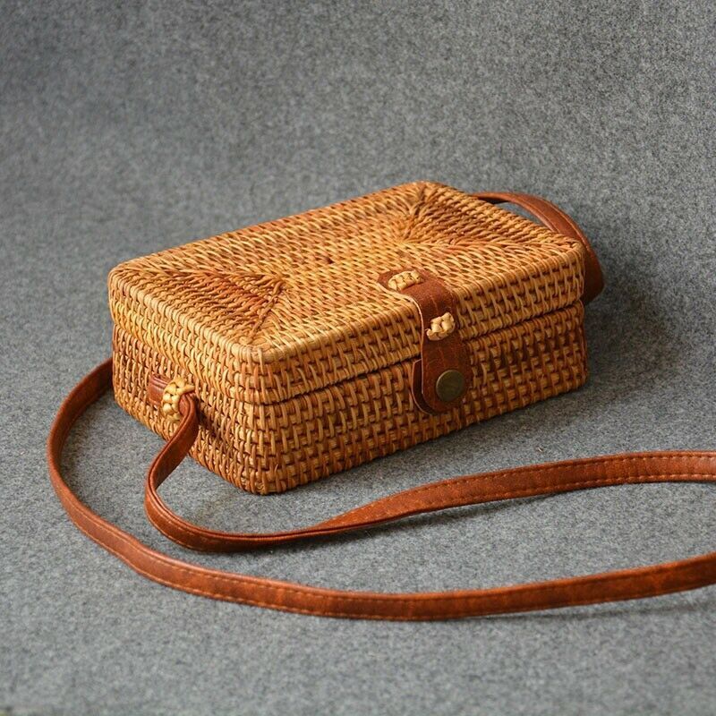 Handwoven Rattan Straw Sling Purse